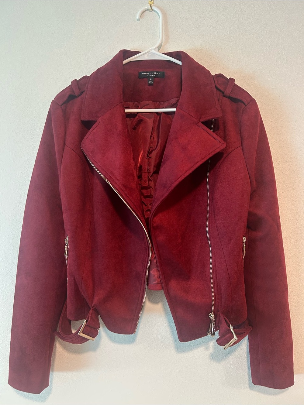 Romeo & Juliet Couture Burgundy Suede Moto Jacket